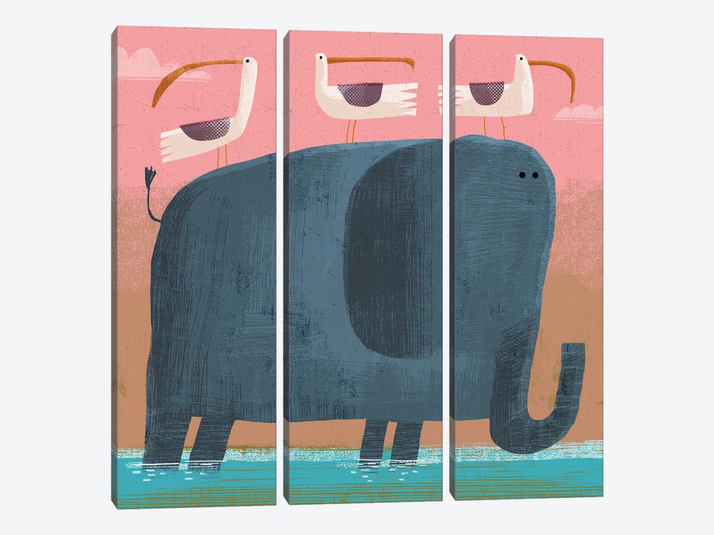 Elephant With Pesky Birds by Gareth Lucas 3-piece Canvas Art Print