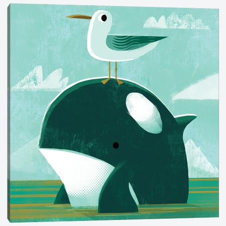 Orca With Pesky Gull Canvas Print #GLS43} by Gareth Lucas Canvas Artwork