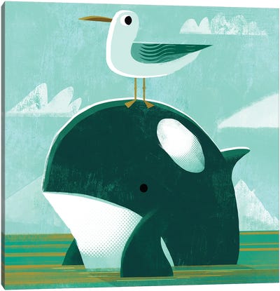 Orca With Pesky Gull Canvas Art Print - Gull & Seagull Art