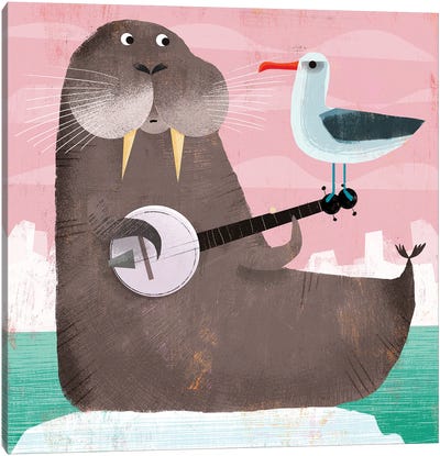 Banjo Walrus With Gull Canvas Art Print - Walruses