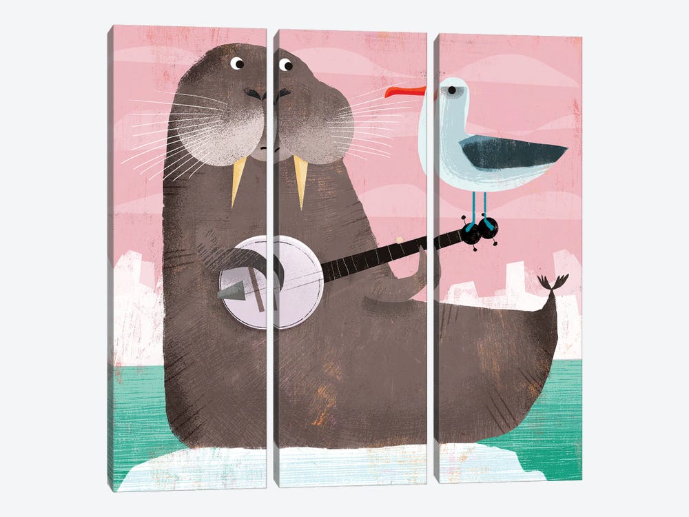Banjo Walrus With Gull by Gareth Lucas 3-piece Canvas Art Print