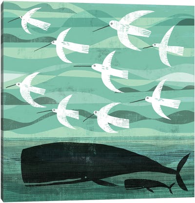 Whale And Flying Birds Canvas Art Print - Gareth Lucas