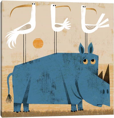 Rhino With Pesky Birds Canvas Art Print - Rhinoceros Art
