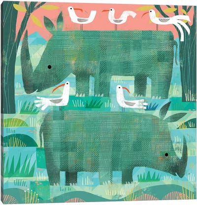 Green Rhinos Canvas Art Print - Rhinoceros Art