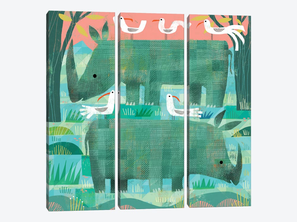 Green Rhinos by Gareth Lucas 3-piece Canvas Print