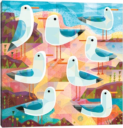 Seagulls On The Shore Canvas Art Print - Gareth Lucas