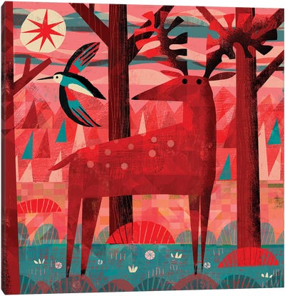 Woodpecker And Deer Canvas Art Print - Woodpecker Art