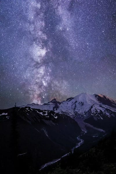 Snowy Mountains: USA, Washington State. The Milky Way looms above Mt. Rainier, Mt. Rainier National Park by Gary Luhm