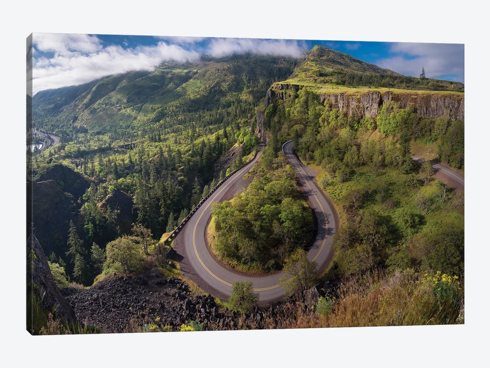 Oregon. Twisting, curving Historic Columbia River Highway (Hwy 30) below the Rowena Plateau by Gary Luhm 1-piece Canvas Art