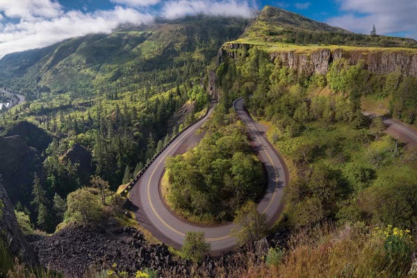 Gary Luhm: Oregon. Twisting, curving Historic Columbia River Highway (Hwy 30) below the Rowena Plateau by Gary Luhm