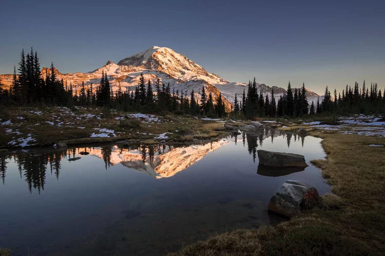 USA, WA. Tarn in Spray Park reflects Mt. Rainier at sunset in Mt. Rainier National Park.