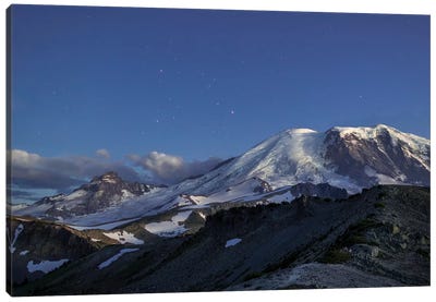 WA. Twilight shot of stars over Mt. Rainier, Little Tahoma and Burroughs Mountain Canvas Art Print - Mount Rainier Art