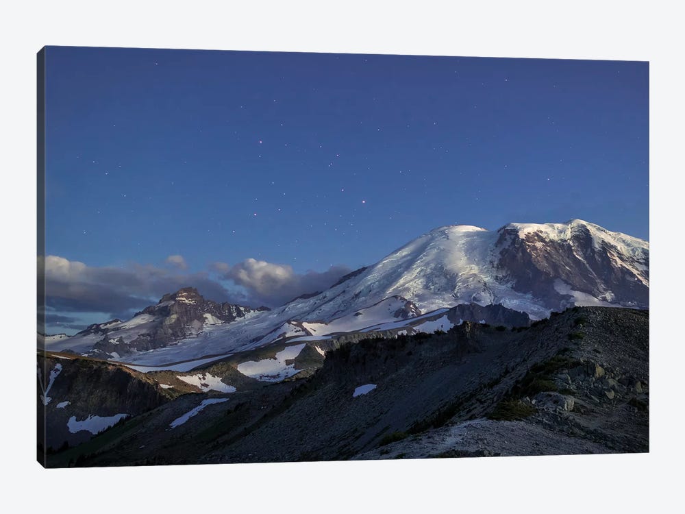 WA. Twilight shot of stars over Mt. Rainier, Little Tahoma and Burroughs Mountain by Gary Luhm 1-piece Canvas Print