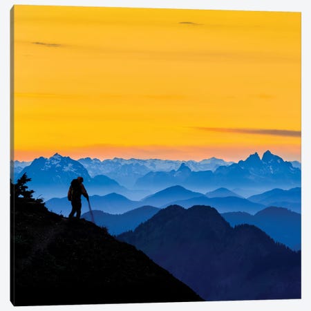USA, Washington State. A backpacker descending from the Skyline Divide at sunset. Canvas Print #GLU7} by Gary Luhm Canvas Print
