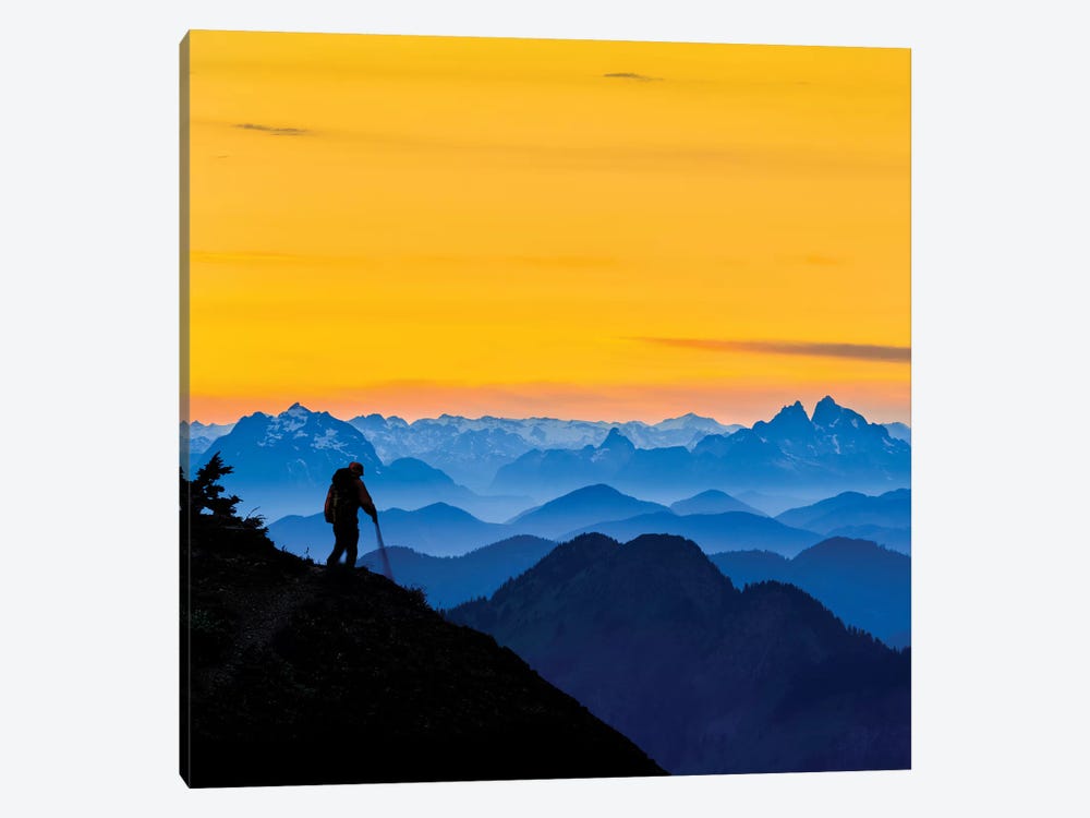 USA, Washington State. A backpacker descending from the Skyline Divide at sunset. by Gary Luhm 1-piece Art Print