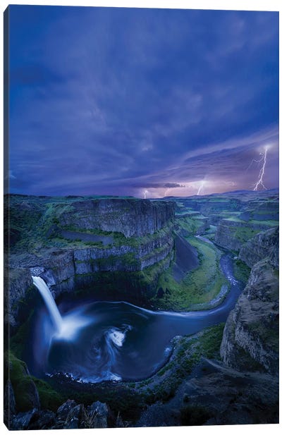 USA, Washington State. Palouse Falls at dusk with an approaching lightning storm Canvas Art Print - Waterfall Art