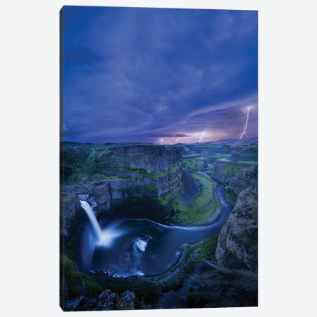 USA, Washington State. Palouse Falls at dusk with an approaching lightning storm Canvas Print #GLU8} by Gary Luhm Canvas Artwork