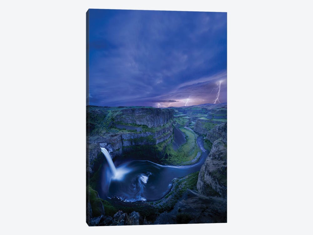 USA, Washington State. Palouse Falls at dusk with an approaching lightning storm by Gary Luhm 1-piece Canvas Wall Art