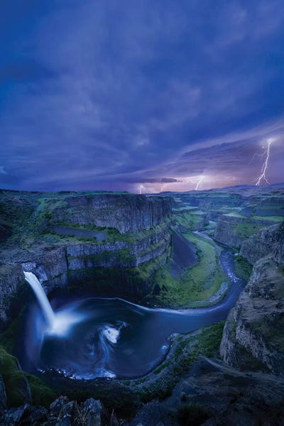 Washington: USA, Washington State. Palouse Falls at dusk with an approaching lightning storm by Gary Luhm