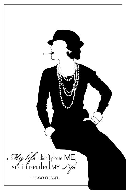 Framed Canvas Art (Champagne) - Coco Chanel in White by GNODpop ( People > celebrities > Models & Fashion Icons > Coco Chanel art) - 26x18 in