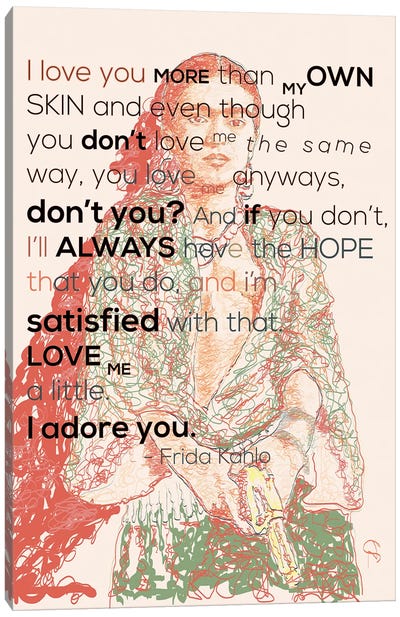 Frida Khalo - I Adore You Canvas Art Print - Frida Kahlo