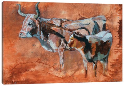Longhorn Cow And Calf Canvas Art Print - Western Décor