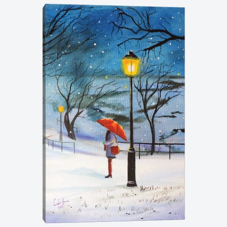 A Red Umbrella For Winter Canvas Print #GOB10} by Gordon Bruce Canvas Wall Art