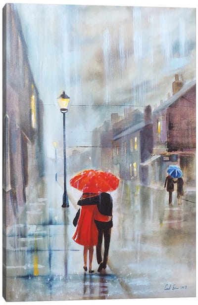 Couple With A Red Umbrella Canvas Art Print - Gordon Bruce