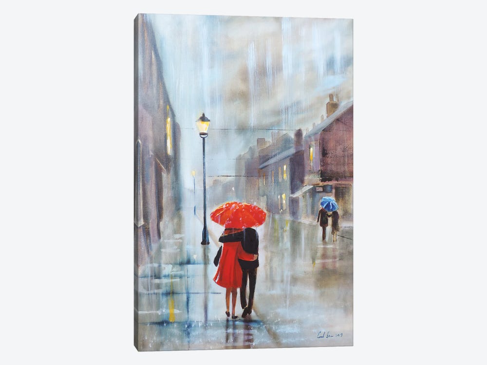 COUPLE WITH RED UMBRELLA OIL PAINT RE PRINT ON FRAMED  CANVAS WALL ART DECOR 
