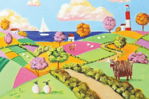 Patchwork Landscapes: Highland Cow Patchwork Fields by Gordon Bruce