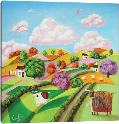 Rolling Hills & Patchwork Fields Canvas Art Print - Highland Cow Art