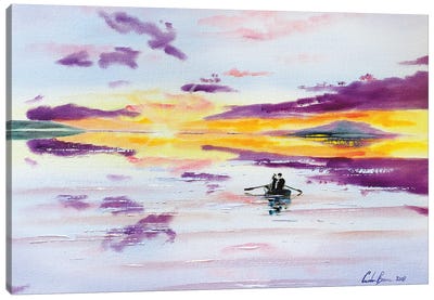 Sunset Boat On The Sea Canvas Art Print - Gordon Bruce