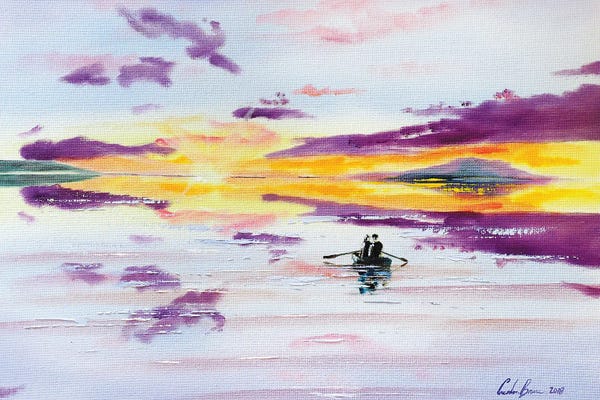 Gordon Bruce: Sunset Boat On The Sea by Gordon Bruce