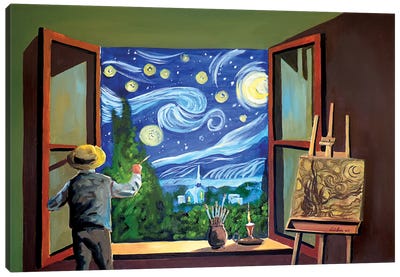 Van Gogh Paints The Starry Night Canvas Art Print - Painter & Artist Art
