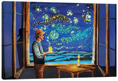 Van Gogh Starry Night With Fireflies Canvas Art Print - Folk Art