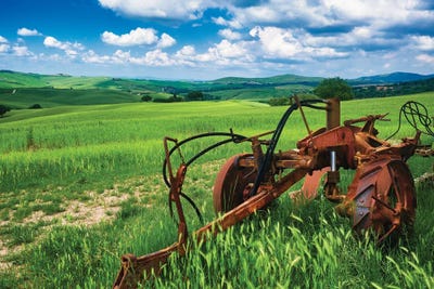 George Oze - Gallery Posters: Soil Tilling Machine On A Farmland With Wheat Field, San Qurico D'Orcia, Tuscany, Italy by George Oze