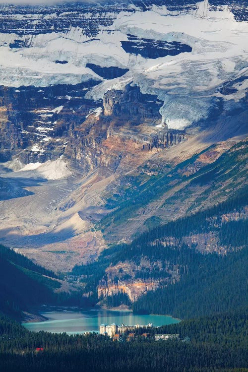 High Angle View of Lake Louise with the Victoria Glacier and Hotel, Alberta, Canada