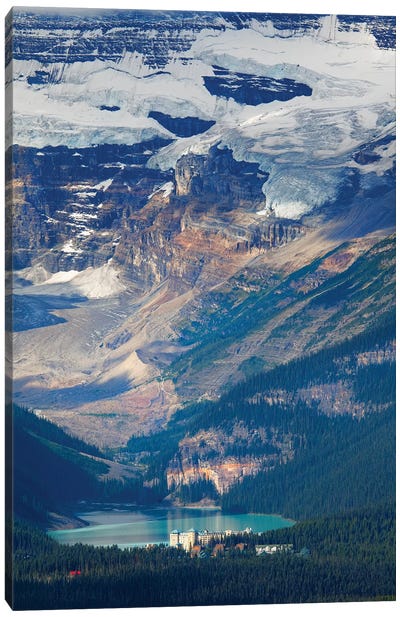High Angle View of Lake Louise with the Victoria Glacier and Hotel, Alberta, Canada Canvas Art Print