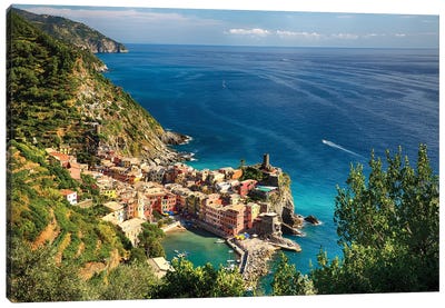 High Angle View of the Ligurian Coast at Vernazza, Cinque Terre, Italy Canvas Art Print - Coastal Village & Town Art