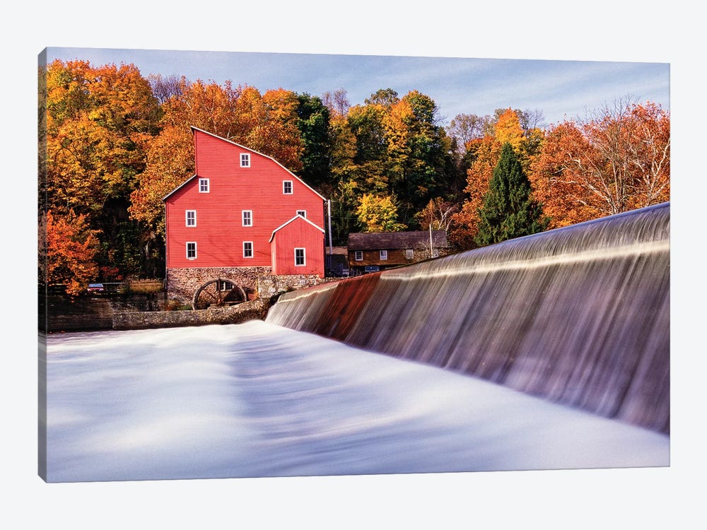 Historic Red Mill At Fall Clinton New Jersey by George Oze 1-piece Canvas Print