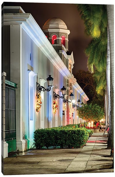 La Princesa Building with Holiday Decoration at Night, San Juan, Puerto Rico Canvas Art Print - San Juan