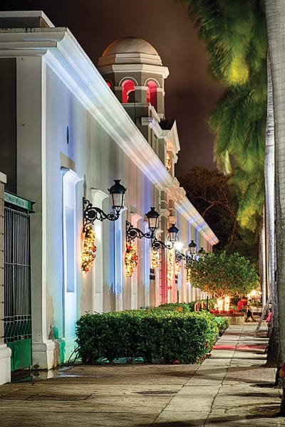 George Oze: La Princesa Building with Holiday Decoration at Night, San Juan, Puerto Rico by George Oze