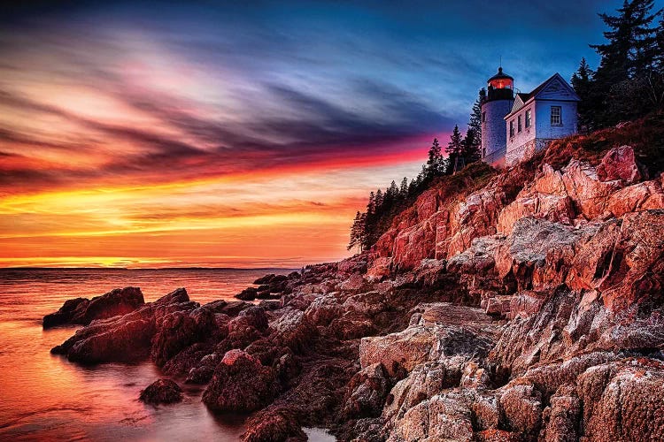 Lighthouse on a Cliff at Sunset, Bass Harbor Head Lighthouse, Maine