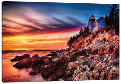Lighthouse on a Cliff at Sunset, Bass Harbor Head Lighthouse, Maine Canvas Art Print - Maine Art