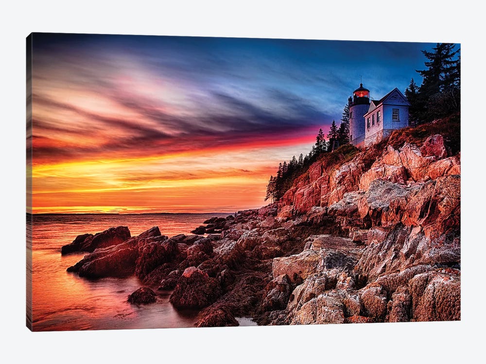 Lighthouse on a Cliff at Sunset, Bass Harbor Head Lighthouse, Maine by George Oze 1-piece Canvas Artwork