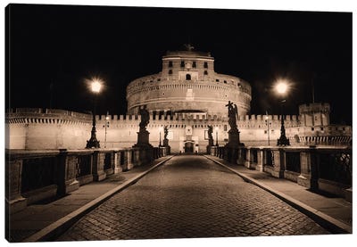 Low Angle Nighttime View of the Castle of the Holy Angel, Rome, Lazio, Italy Canvas Art Print - Sepia Photography