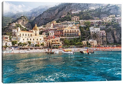 Low Angle View of Positano from The Sea, Amalfi Coast, Campania, Italy Canvas Art Print - Coastal Art