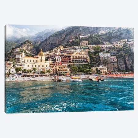 Low Angle View of Positano from The Sea, Amalfi Coast, Campania, Italy Canvas Print #GOZ120} by George Oze Canvas Wall Art