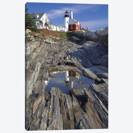 Low Angle View of the Pemaquid Point Lighthouse with Image Refelected in Tidal Pool, Maine  Canvas Print #GOZ121} by George Oze Canvas Art