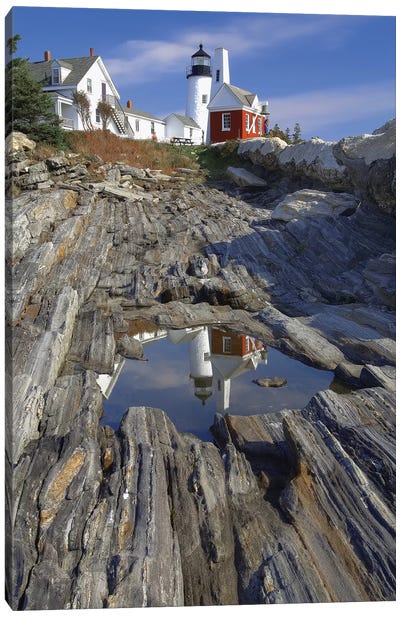 Low Angle View of the Pemaquid Point Lighthouse with Image Refelected in Tidal Pool, Maine  Canvas Art Print - Rock Art